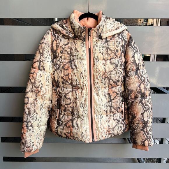 G by Giuliana Cream Pink Gray Snake Hooded Puffer Jacket Size M - Picture 2 of 8